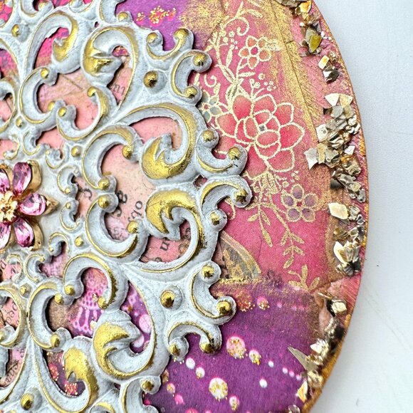 Handcrafted Ornament OOAK Collage Gold White Pink Purple Accents 3" Ribbon - Picture 10 of 11